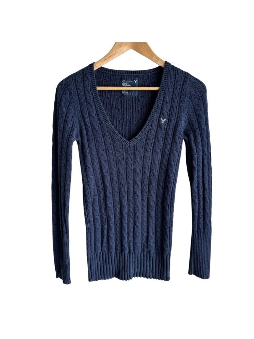 Y2K 2009 American Eagle V-Neck Sweater Womens M Navy Cableknit Preppy Academia